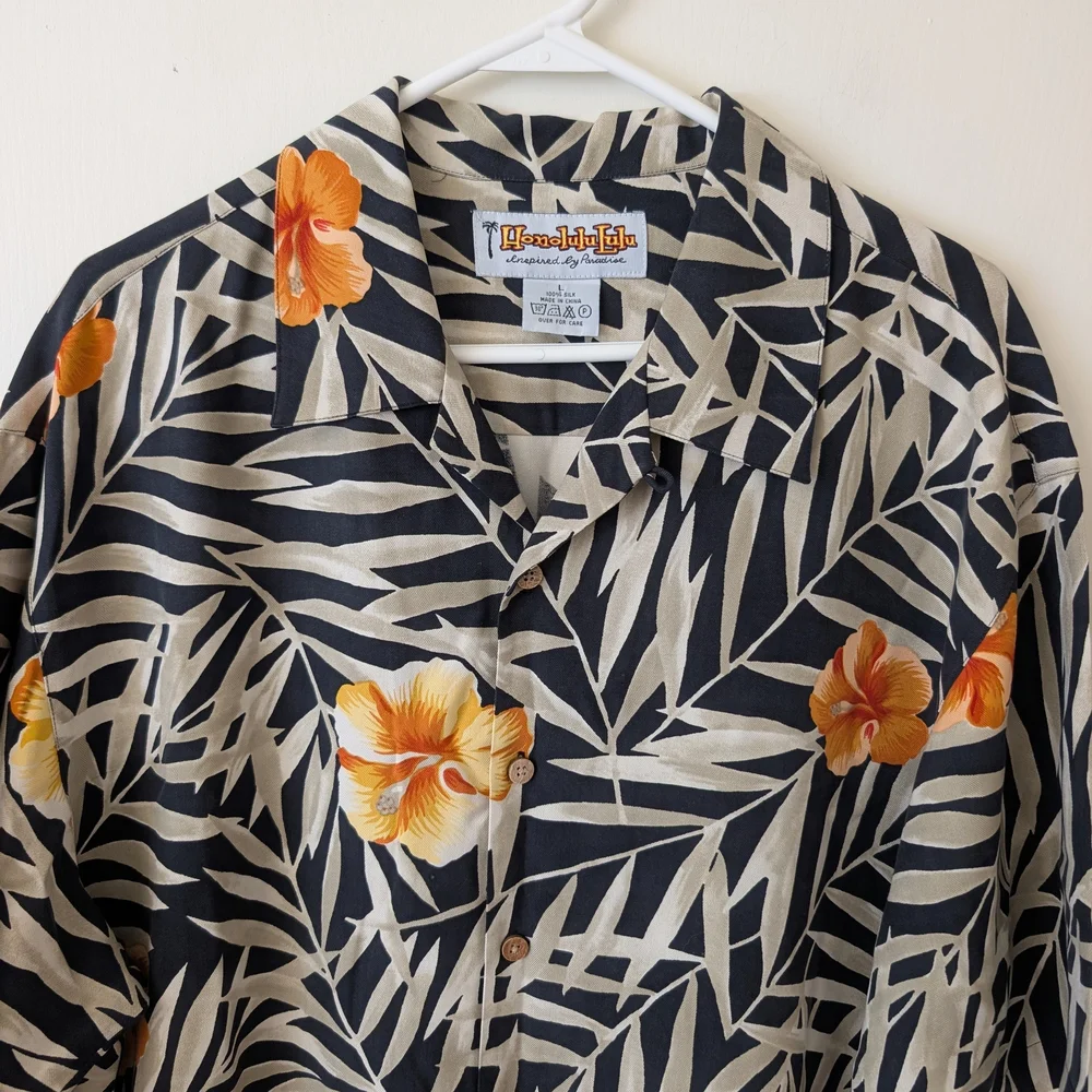 Honolulu Lulu Mens Large 100% Silk Hawaiian Shirt Black Brown Vacation Resort - Picture 3 of 6